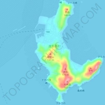 渡名喜島の地形図、標高、地勢