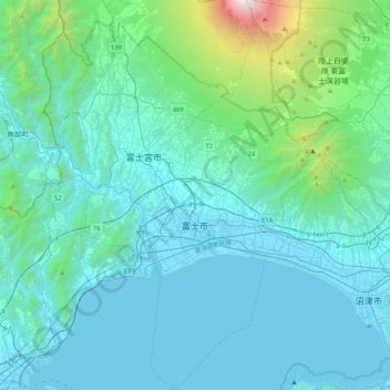 富士市の地形図、標高、地勢