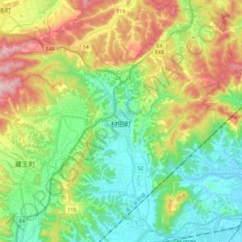 村田町の地形図、標高、地勢