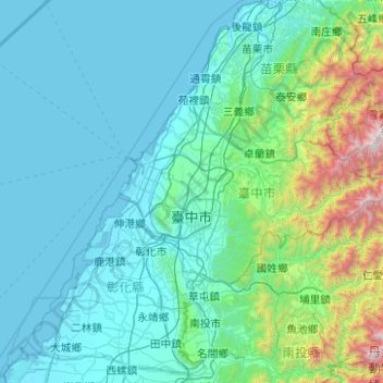 台中市の地形図、標高、地勢