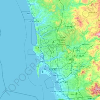 サンディエゴの地形図、標高、地勢