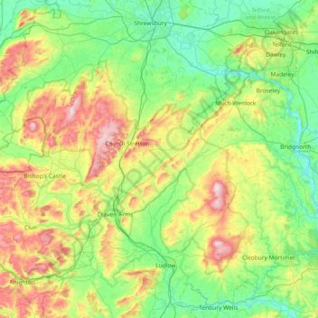Shropshire Hills National Landscapeの地形図、標高、地勢
