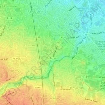 Milltownの地形図、標高、地勢