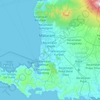 Lombok Baratの地形図、標高、地勢