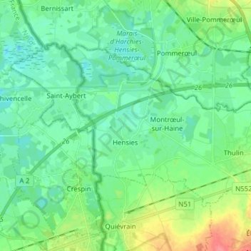 Hensiesの地形図、標高、地勢