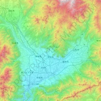 甲府市の地形図、標高、地勢