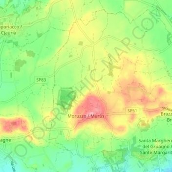 Moruzzo / Murùsの地形図、標高、地勢