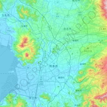 熊本市の地形図、標高、地勢