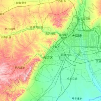 云冈区の地形図、標高、地勢
