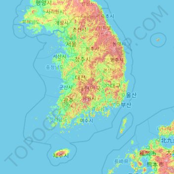 大韓民国の地形図、標高、地勢