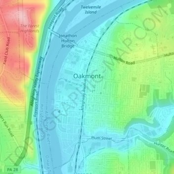 Oakmontの地形図、標高、地勢