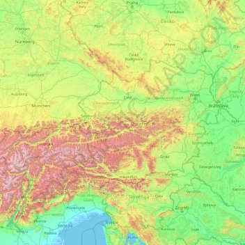 オーストリアの地形図、標高、地勢