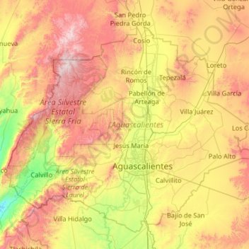 アグアスカリエンテス州の地形図、標高、地勢