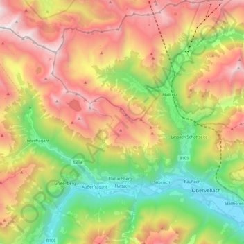 Flattachの地形図、標高、地勢