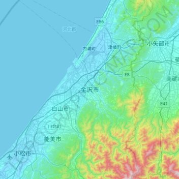 金沢市の地形図、標高、地勢