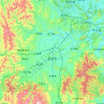 荔浦市の地形図、標高、地勢
