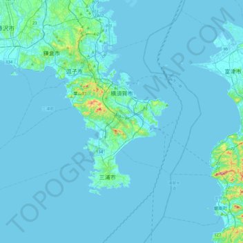 横須賀市の地形図、標高、地勢