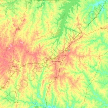 Vance Countyの地形図、標高、地勢