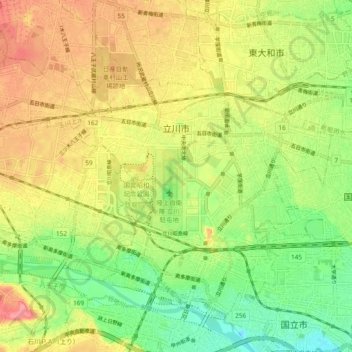 立川市の地形図、標高、地勢