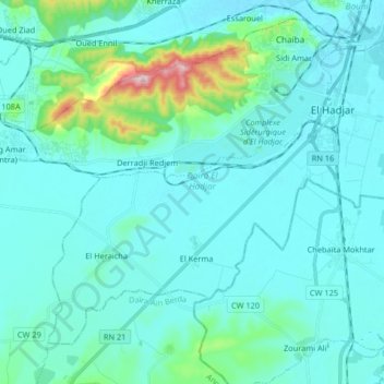 El Hadjarの地形図、標高、地勢