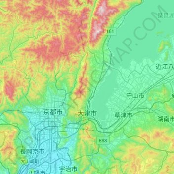 大津市の地形図、標高、地勢