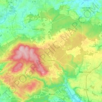 Paimpontの地形図、標高、地勢