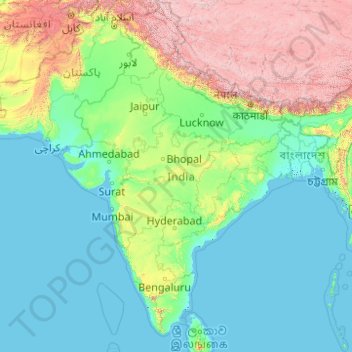 インドの地形図、標高、地勢