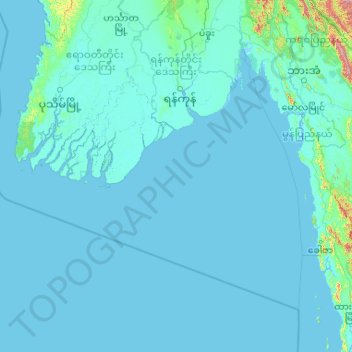 仰光省の地形図、標高、地勢