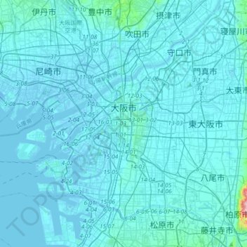 大阪市の地形図、標高、地勢