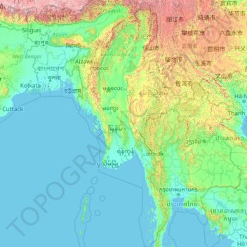 ミャンマーの地形図、標高、地勢