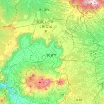 阿蘇市の地形図、標高、地勢