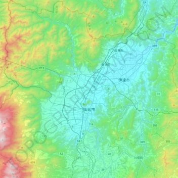 福島市の地形図、標高、地勢