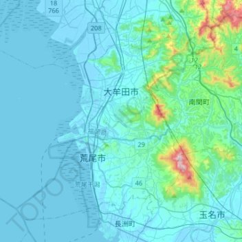 大牟田市の地形図、標高、地勢