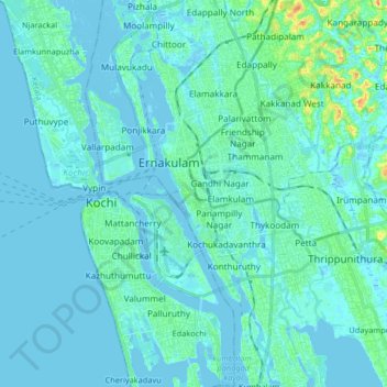 Kochiの地形図、標高、地勢