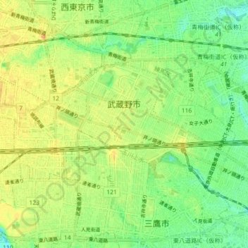 武蔵野市の地形図、標高、地勢