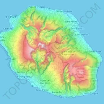 レユニオン島の地形図、標高、地勢