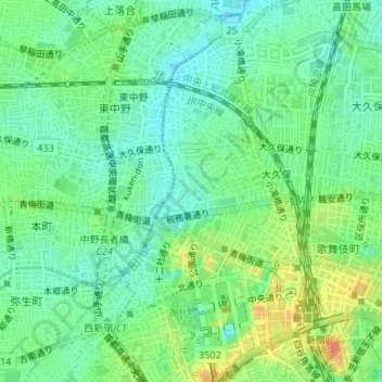 北新宿二丁目の地形図、標高、地勢