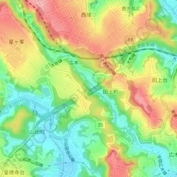 脇田川の地形図、標高、地勢