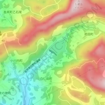 菰田ダムの地形図、標高、地勢