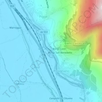 Fiume Clitunnoの地形図、標高、地勢