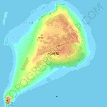 硫黄島の地形図、標高、地勢