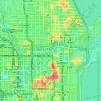 Chicago Riverwalkの地形図、標高、地勢