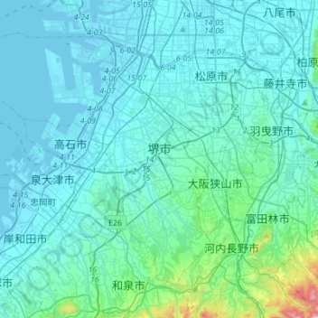 堺市の地形図、標高、起伏