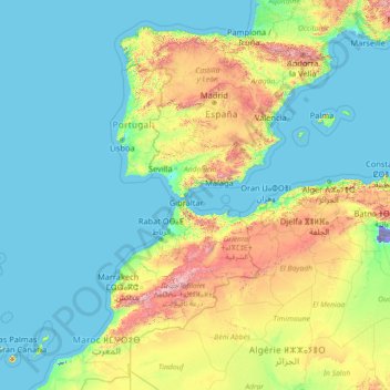 スペインの地形図 標高 起伏